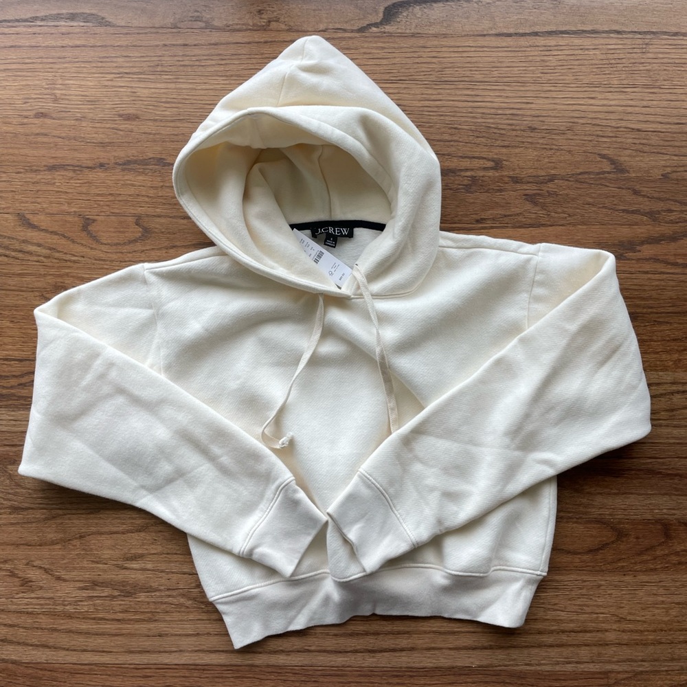 J Crew Cropped Fleece Ivory Hoodie